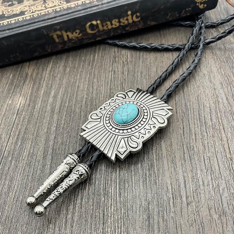 YOQUCOL Vintage American Western Cowboy Indian Art Stone Genunie Leather Bolo Tie For Men Women - Image 4